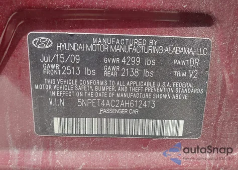 2010 Hyundai Sonata Gls from USA, damaged, VIN 5NPET4AC2AH612413